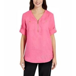 NWT: Ellen Tracy Peony Pink Linen Blend Zip Front Roll Tab Sleeve Tunic Top XL